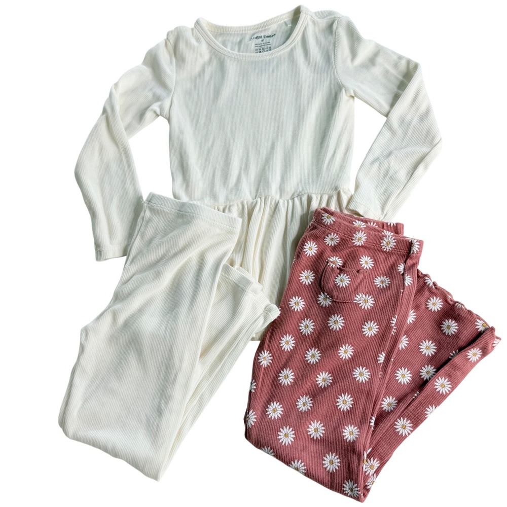 Angel Dear 3pc Pajama Lounge Set Kids 4T Cream Rose Daisy Ribbed Peplum Flare